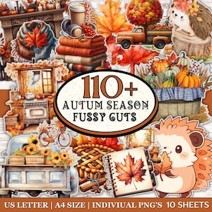 Op de afbeelding: Een verzameling herfst-thema fussy cuts met pompoenen, bladeren en gezellige elementen. De afbeelding bevat verschillende illustraties, zoals een vrachtwagen vol pompoenen, een egel en een notitieboek met een herfstblad. De tekst luidt "110+ AUTUM SEASON FUSSY CUTS".