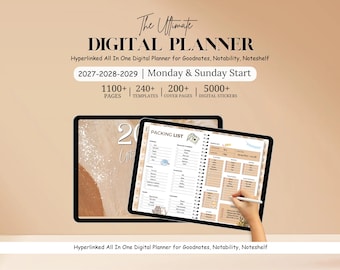 May include: A digital planner displayed on two tablets, featuring the text The Ultimate DIGITAL PLANNER, 2027-2028-2029, Monday & Sunday Start, 1100+ pages, 240+ templates, 200+ cover pages, and 5000+ digital stickers with a packing list page.