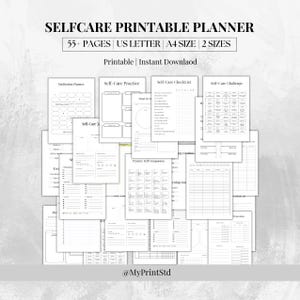 May include: A stack of printable self-care planner pages. The pages include sections for meditation, self-care practice, checklists, and challenges. The planner is available in US Letter and A4 sizes, with over 55 pages. The text "SELFCARE PRINTABLE PLANNER" is at the top.