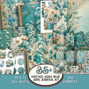 May include: A collection of vintage aqua blue junk journal kit elements. The kit includes patterned papers, tags, and floral embellishments in shades of teal, cream, and beige. The text on the image reads "35+ Vintage Aqua Blue Junk Journal Kit" and "US & A4 Size Sheets".
