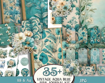 Kit para diário vintage azul-água, recortes decorativos de rosas azul-água, pássaros, etiqueta, bolso, diário feminino, enfeites florais azuis, materiais para scrapbook floral