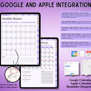 May include: A digital monthly planner displayed on two tablets with a purple background. The interface features calendar grids, note sections, and budget trackers. Text includes GOOGLE AND APPLE INTEGRATION, Monthly Planner, and Each date is linked with Google or Apple calendar.