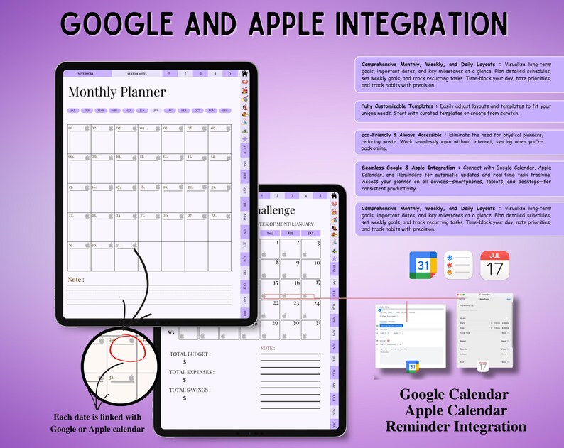 May include: A digital monthly planner displayed on two tablets with a purple background. The interface features calendar grids, note sections, and budget trackers. Text includes GOOGLE AND APPLE INTEGRATION, Monthly Planner, and Each date is linked with Google or Apple calendar.
