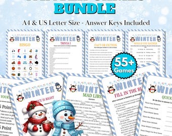 May include: A digital winter games bundle featuring printable activity sheets including bingo, trivia, fact or fiction, and would you rather games. The set includes answer keys, party props, and a banner, all decorated with winter-themed graphics.