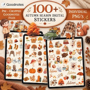 Peut inclure: Une collection d'autocollants numériques comprenant plus de 100 illustrations sur le thème de l'automne affichées sur trois tablettes. L'ensemble inclut des écureuils, citrouilles, pulls, arbres, champignons, bougies et le texte 100+ Autumn Season Digital Stickers.
