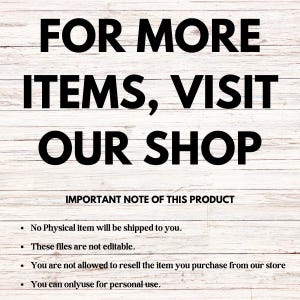 May include: Text on a white wooden background reads "FOR MORE ITEMS, VISIT OUR SHOP." Below, it states "IMPORTANT NOTE OF THIS PRODUCT" followed by four bullet points about the product's nature and usage.