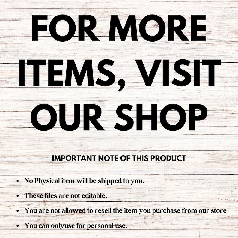 May include: Text on a white wooden background reads "FOR MORE ITEMS, VISIT OUR SHOP." Below, it states "IMPORTANT NOTE OF THIS PRODUCT" followed by four bullet points about the product's nature and usage.