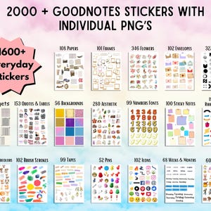 May include: A digital collection of over 2000 Goodnotes stickers and individual PNG files, featuring categories like papers, frames, flowers, envelopes, widgets, quotes, backgrounds, aesthetic icons, numbers, sticky notes, ribbons, and watercolor art.