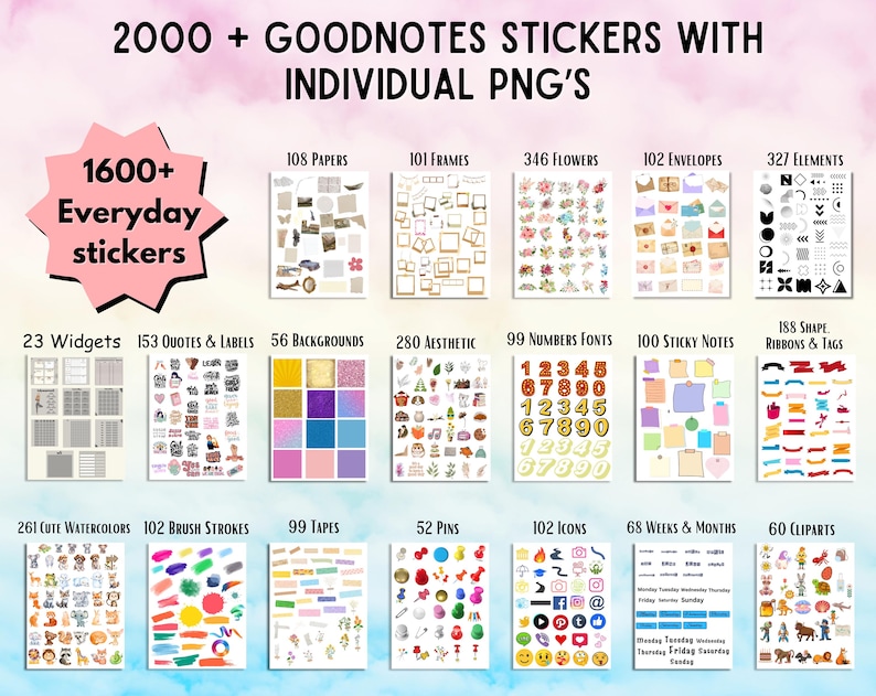May include: A digital collection of over 2000 Goodnotes stickers and individual PNG files, featuring categories like papers, frames, flowers, envelopes, widgets, quotes, backgrounds, aesthetic icons, numbers, sticky notes, ribbons, and watercolor art.