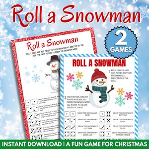 May include: Two "Roll a Snowman" game sheets. The top sheet has a red border and the text "Roll a Snowman" in red script. The bottom sheet has a blue border and a snowman graphic. The text "Instant Download | A Fun Game for Christmas" is at the bottom.