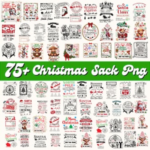 May include: A collection of Christmas-themed PNG graphics, including Santa Claus, reindeer, and festive text elements. The designs feature various styles, from vintage postage stamps to modern illustrations, with text like "Christmas Delivery" and "North Pole."