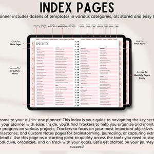 May include: A digital planner interface displaying an index page with numerous clickable category tabs. The layout features a central list of sections, including daily, weekly, and monthly planners, alongside various trackers for lifestyle, wellness, and finance.