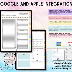 May include: A digital planner displayed on two tablets featuring monthly, weekly, and daily layouts with Google and Apple calendar integration. The interface includes task lists, goal trackers, and clickable date links for synchronization with external calendar apps.