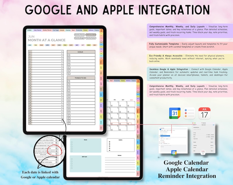 May include: A digital planner displayed on two tablets featuring monthly, weekly, and daily layouts with Google and Apple calendar integration. The interface includes task lists, goal trackers, and clickable date links for synchronization with external calendar apps.