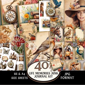 May include: A digital junk journal kit with a vintage theme. The kit includes 40 sheets with illustrations of birds, flowers, pocket watches, and other ephemera. The text on the image reads "Life Memories Junk Journal Kit" and "US & A4 Size Sheets".