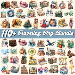 Puede incluir: Ilustraciones en acuarela de elementos temáticos de viaje, incluyendo maletas, cámaras, botas, una furgoneta vintage y una brújula. El texto "110+ Traveling Png Bundle" se muestra en la imagen. La obra de arte tiene una estética vintage, pintada a mano.