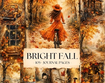 May include: A collection of journal pages titled BRIGHT FALL - 105+ JOURNAL PAGES featuring autumn scenes including a person in an orange dress riding a bicycle, a truck with pumpkins, cats, a bowl of pumpkins, and an open book with leaves.