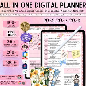 May include: Digital planner with a pink theme, featuring 1100+ pages, 240+ templates, and 200+ cover pages. Includes 5000+ digital stickers. The planner is designed for Goodnotes, Notability, and Noteshelf, covering daily, weekly, and monthly planning for 2026-2028.