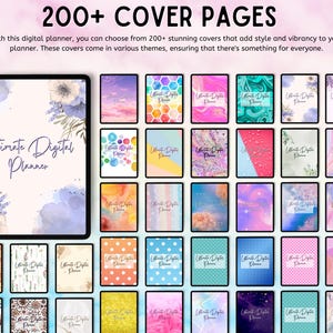 May include: A digital collection of 200+ planner covers displayed on a screen. The large primary cover features blue floral watercolor illustrations and the text Ultimate Digital Planner. Numerous smaller rectangular covers show varied patterns.