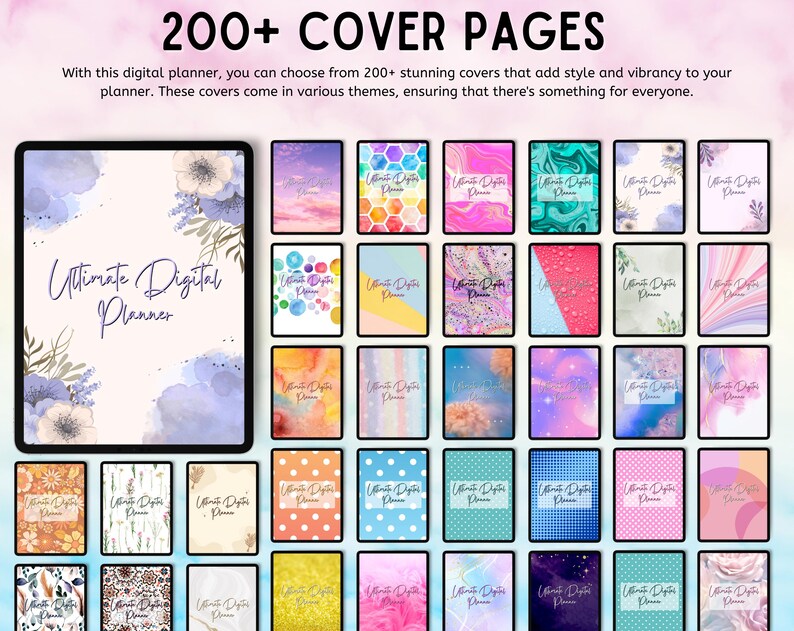 May include: A digital collection of 200+ planner covers displayed on a screen. The large primary cover features blue floral watercolor illustrations and the text Ultimate Digital Planner. Numerous smaller rectangular covers show varied patterns.