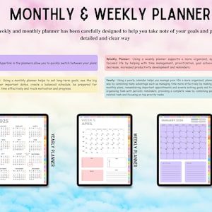 May include: A digital monthly and weekly planner display featuring three tablet screens showing a 2025 yearly calendar, a weekly schedule for April, and a January 2026 monthly view. The text includes descriptions of hyperlinks and planning benefits.