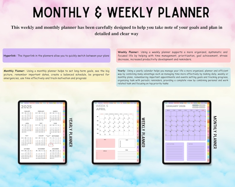 May include: A digital monthly and weekly planner display featuring three tablet screens showing a 2025 yearly calendar, a weekly schedule for April, and a January 2026 monthly view. The text includes descriptions of hyperlinks and planning benefits.