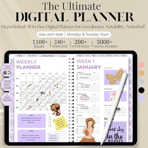 May include: A digital planner displayed on a tablet, featuring a weekly calendar layout with the text "WEEKLY PLANNER" and "WEEK 1 JANUARY". The planner includes sections for daily planning, templates, and digital stickers. The text "The Ultimate DIGITAL PLANNER" is at the top.