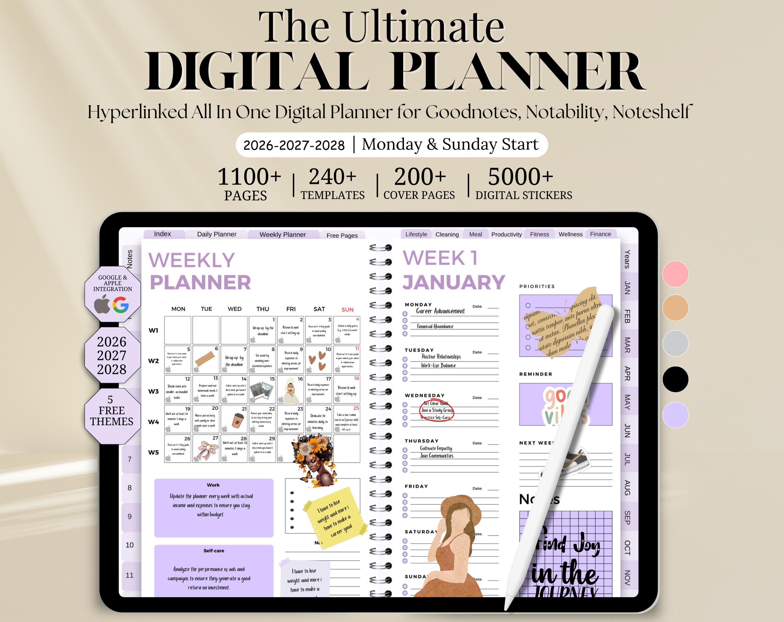 New 2026 2027 2028 All in One Digital Planner, Hyperlink Goodnotes ...