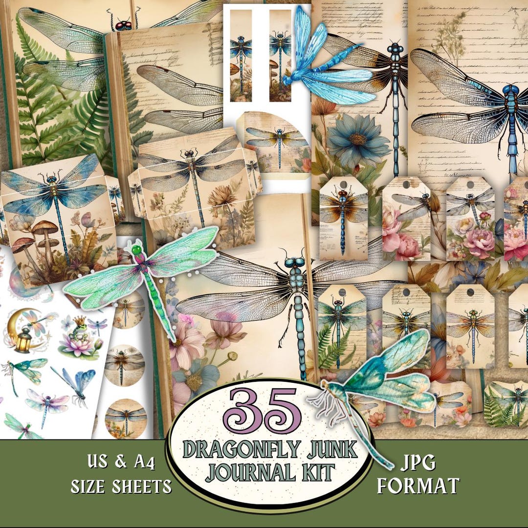 Dragonfly Junk Journal Kit, Insect Ephemera Kit, Floral Fussy Cut, Tags ...