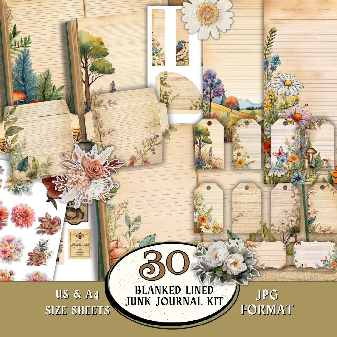 Blank Lined Junk Journal Kit, Printable Writing Pages, Vintage Notebook ...