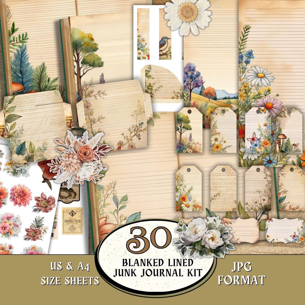 Blank Lined Junk Journal Kit, Printable Writing Pages, Vintage Notebook ...