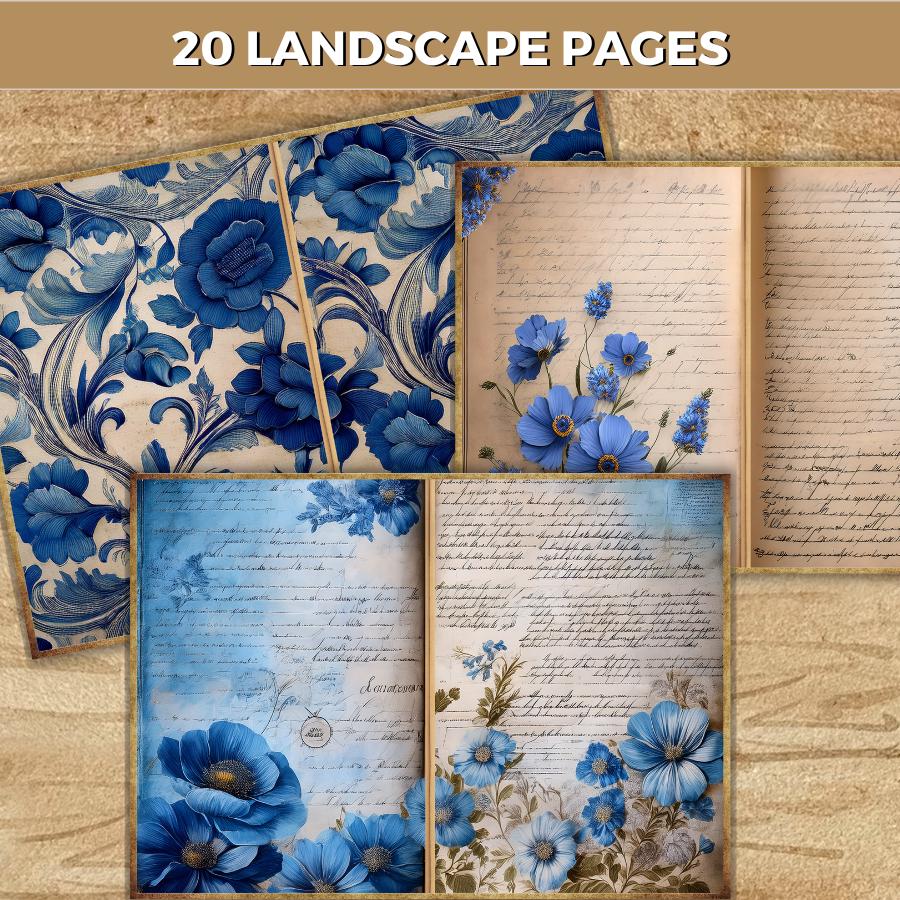 Vintage Blue Junk Journal Kit, Blue Roses Journal Paper, Tags ...
