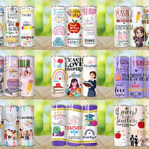 May include: A collection of insulated tumblers with various teacher-themed designs. The tumblers feature colorful graphics, inspirational quotes, and images of apples, books, and pencils. Some tumblers have text like "Teacher Fuel," "Teach Love Inspire," and "Living that Teacher Life."