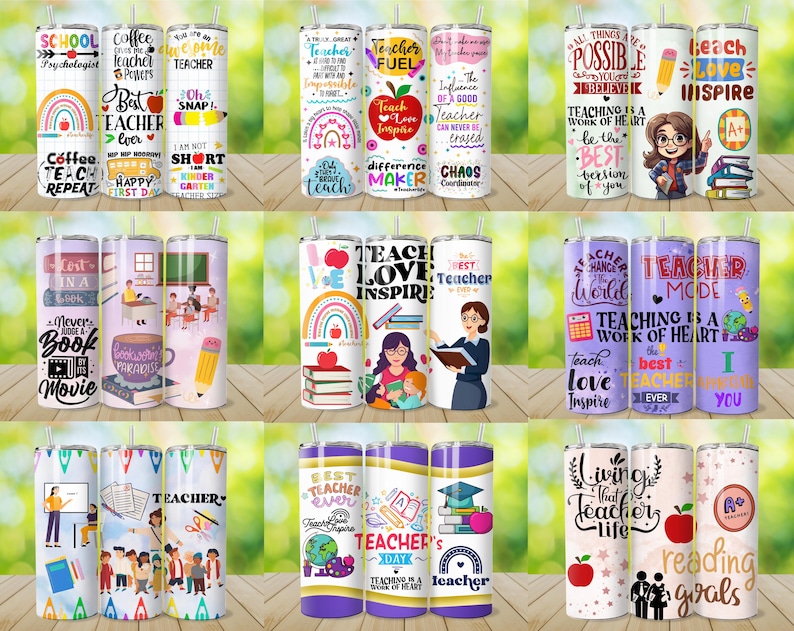 May include: A collection of insulated tumblers with various teacher-themed designs. The tumblers feature colorful graphics, inspirational quotes, and images of apples, books, and pencils. Some tumblers have text like "Teacher Fuel," "Teach Love Inspire," and "Living that Teacher Life."