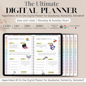 May include: A digital planner with the text "The Ultimate DIGITAL PLANNER" and "Hyperlinked All In One Digital Planner". The planner includes 1100+ pages, 240+ templates, 200+ cover pages, and 5000+ digital stickers. It integrates with Google and Apple.