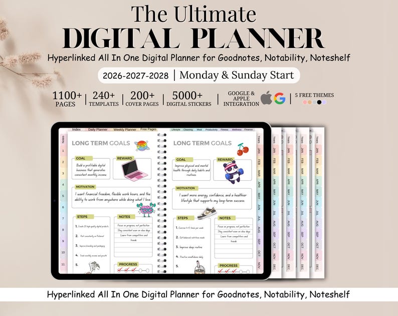 New 2026 2027 2028 All in One Rainbow Digital Planner, Hyperlink ...