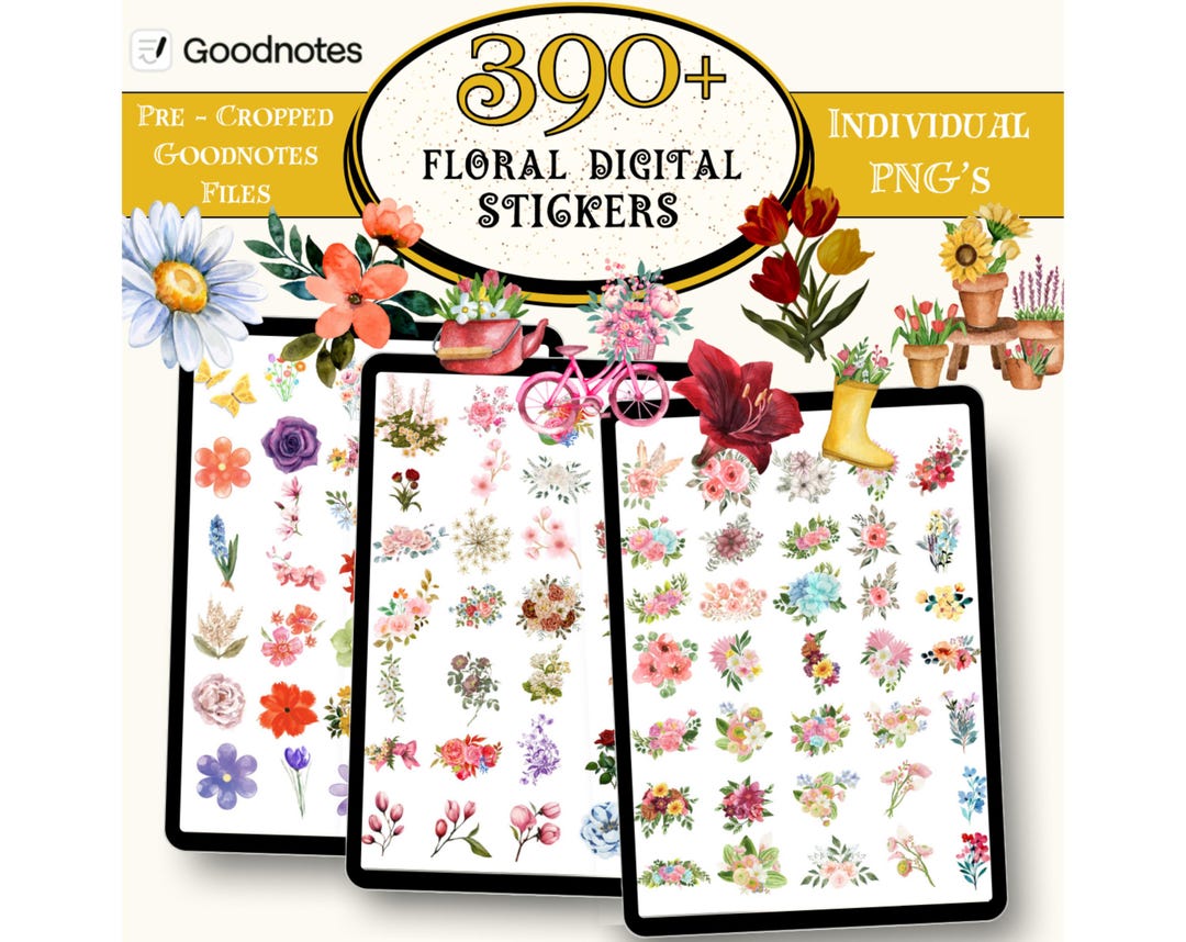 390 + Floral Digital Stickers, Flower Planner Stickers, Pre-cropped ...