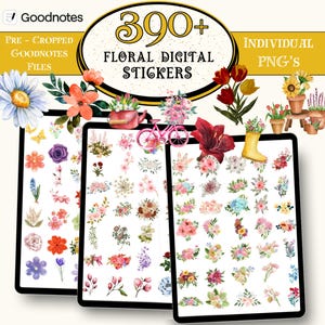 May include: Digital floral stickers for Goodnotes, featuring over 390 individual PNGs. The image showcases three tablets displaying a variety of colorful, watercolor-style flower stickers, with additional floral illustrations surrounding the tablets.