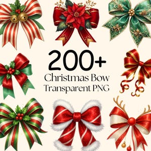 May include: A collection of Christmas bow designs in various colors, including red, green, and gold. Some bows feature stripes, holly, and bells. The image includes the text "200+ Christmas Bow Transparent PNG".