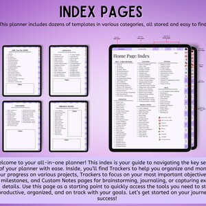 May include: A digital planner interface featuring an index page with categories for self-care, lifestyle, cleaning, and productivity. The layout includes multiple tabbed sections, clickable links, and lists of trackers for daily organization and goal management.