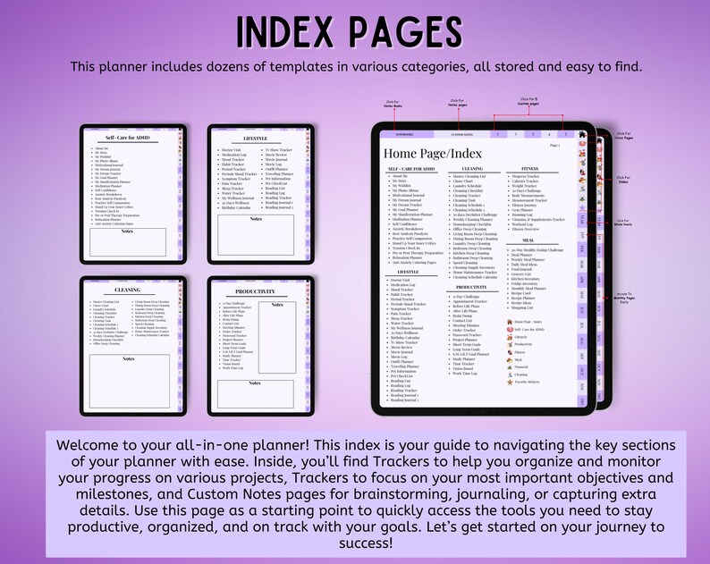 May include: A digital planner interface featuring an index page with categories for self-care, lifestyle, cleaning, and productivity. The layout includes multiple tabbed sections, clickable links, and lists of trackers for daily organization and goal management.