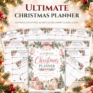 Peut inclure: Un ensemble de planificateur de Noël numérique Ultimate Christmas Planner de 110 pages aux formats US Letter, A4, A5 et Happy Classic. Les pages présentent des nœuds roses, des branches de pin, des boules et des cadeaux avec le texte imprimé.