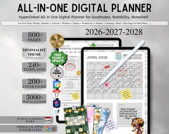 All in one Digital Planner, 2026 2027 2028 Goodnotes Planner, Daily Weekly Monthly Journal, Digital Planner Templates, Google Apple Calendar