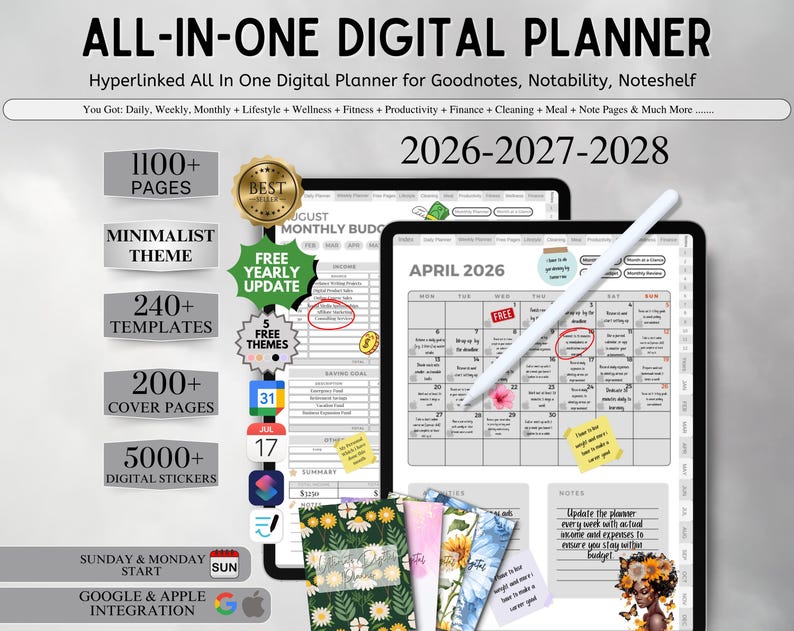 All in One Digital Planner, 2026 2027 2028 Goodnotes Planner, Daily ...