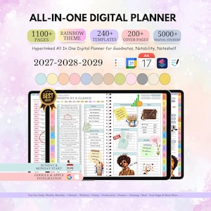 May include: An all-in-one digital planner for 2027-2029 featuring 1100+ pages, 240+ templates, 200+ cover pages, and 5000+ digital stickers. The interface includes a month-at-a-glance view, goal tracking, bill lists, and colorful icons for Google and Apple integration.