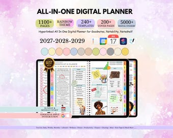 May include: An all-in-one digital planner for 2027-2029 featuring 1100+ pages, 240+ templates, 200+ cover pages, and 5000+ digital stickers. The interface includes a month-at-a-glance view, goal tracking, bill lists, and colorful icons for Google and Apple integration.
