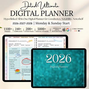 以下が含まれることがあります： タブレット上の2つのデジタルプランナー。上部のテキストは「Dated Ultimate DIGITAL PLANNER」と表示されています。プランナーには、1100ページ以上、240以上のテンプレート、5000以上のデジタルステッカーなどの機能が含まれています。あるプランナーの表紙には「2026 Digital Planner」と表示されています。