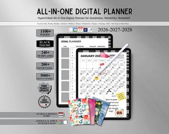 Dark Mode All in One Digital Planner, 2027 Digital Planner, Goodnotes Planner, Monthly Journal, Weekly Planner, iPad Planner, Life Planning