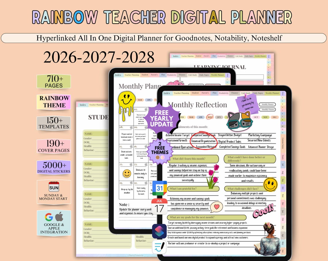 New Rainbow Teacher Digital Planner, 2026 2027 2028 Teaching Planner ...