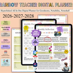 Op de afbeelding: Digitale planner voor leraren met een regenboogthema, voor de jaren 2026-2028. Inclusief 710+ pagina's, 150+ sjablonen, 190+ omslagpagina's en 5000+ digitale stickers. Met Google & Apple-integratie. Hyperlinks voor Goodnotes, Notability en Noteshelf.